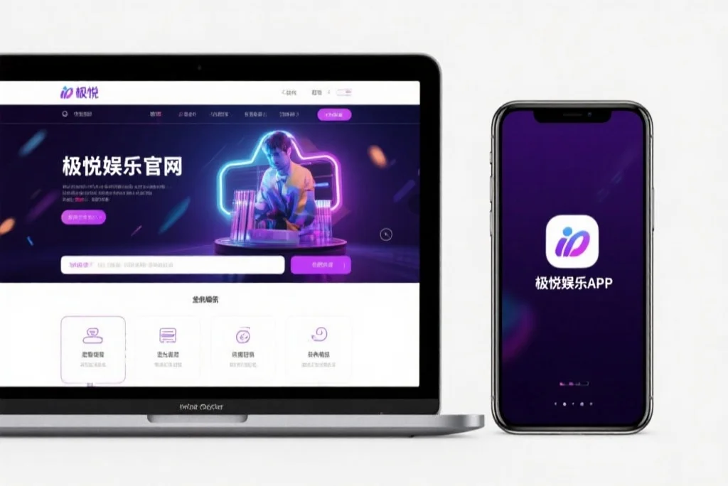 一台笔记本电脑屏幕上显示着VS娱乐官网的界面，旁边是一部手机显示着VS娱乐APP，两者并列对比